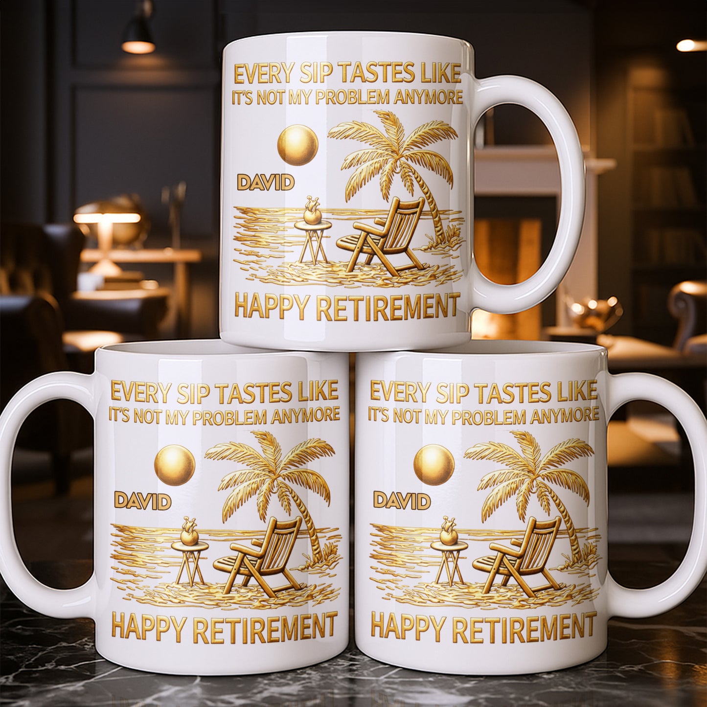 Every Sip Tastes Like Happy Retirement Palm Tree and Beach Design