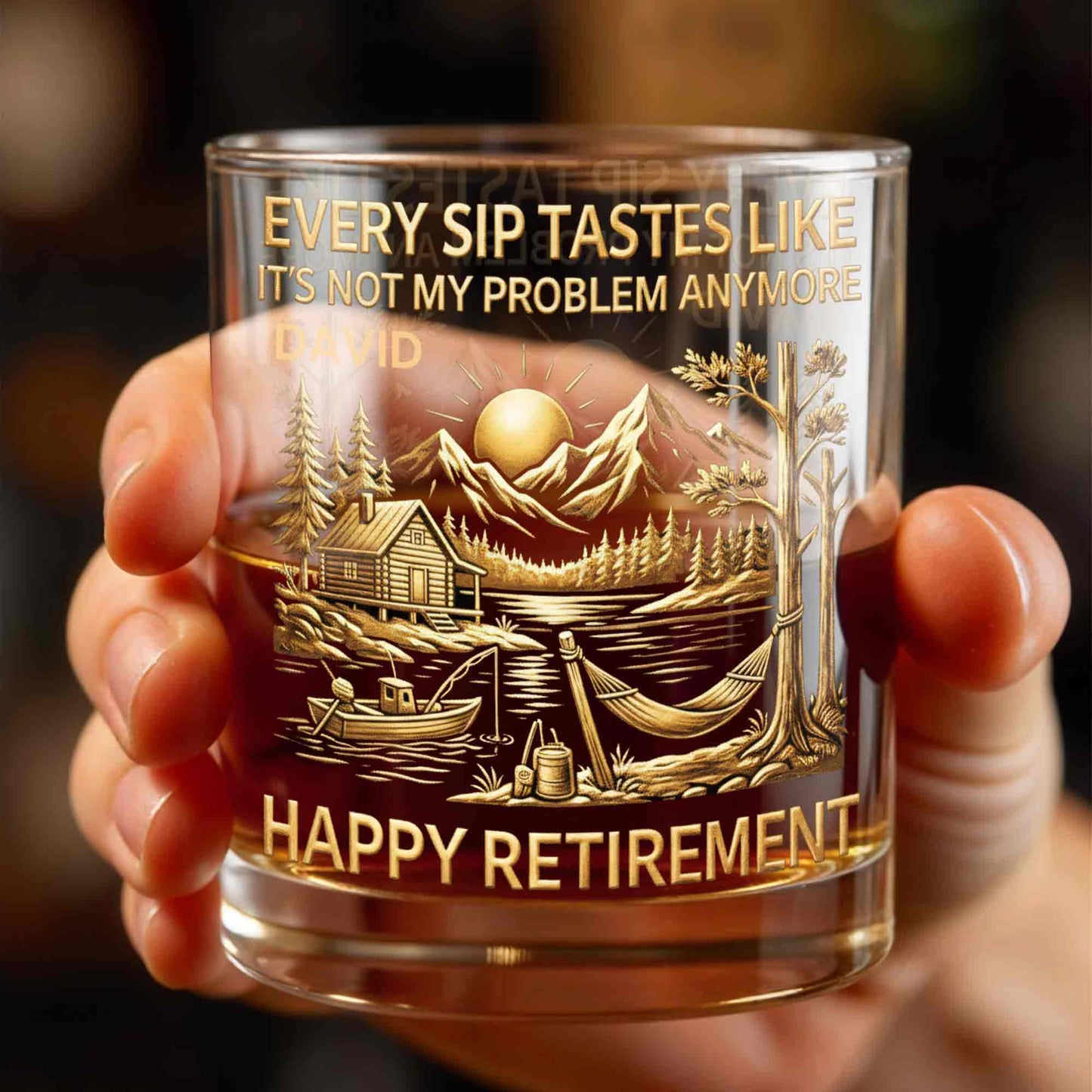 Happy Retirement, Mountains, Cabin, Lake And Sunset Design