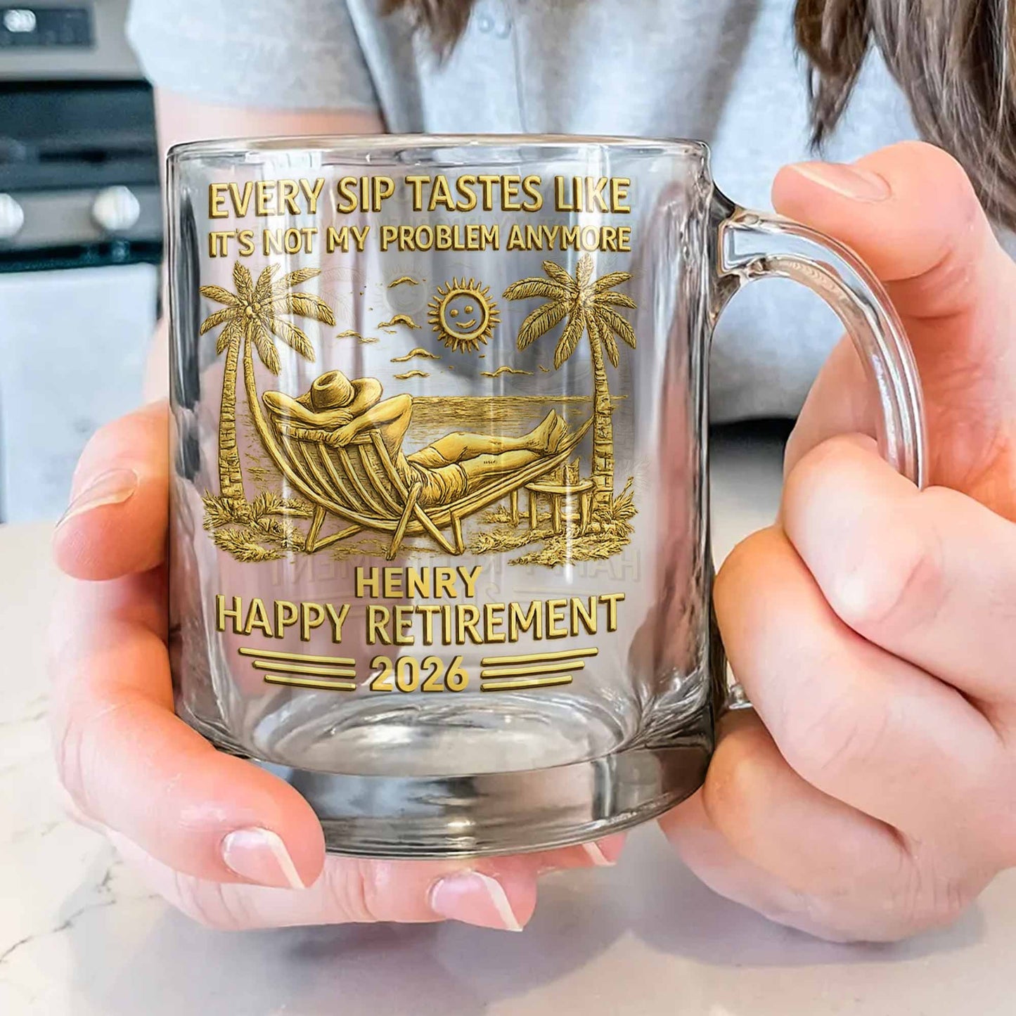 Every Sip Tastes Like It's Not My Problem Anymore Retirement Palm Tree Hammock - Personalized Custom Glass Mug - RETIRE026_GLM