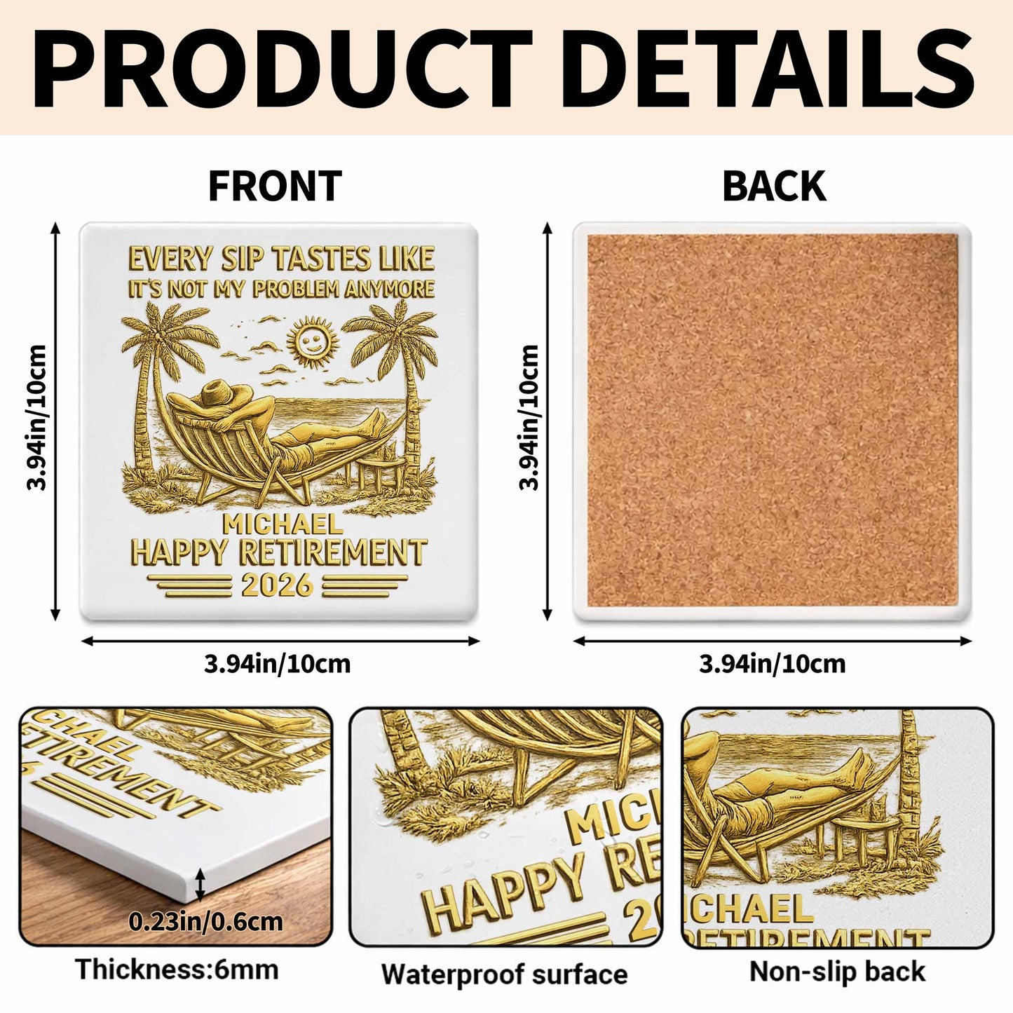 Every Sip Tastes Like Happy Retirement With Hammock And Palm Trees - Personalized Custom Ceramic Coaster, Square Shape - RETIRE026_SOCO