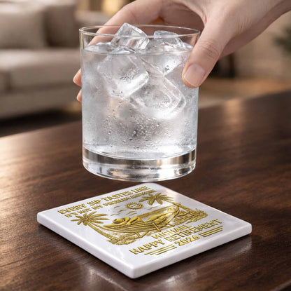 Every Sip Tastes Like Happy Retirement With Hammock And Palm Trees - Personalized Custom Ceramic Coaster, Square Shape - RETIRE026_SOCO
