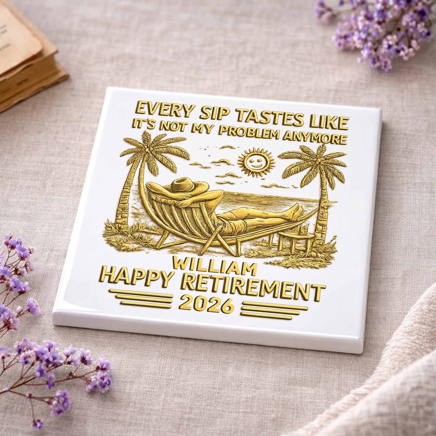 Every Sip Tastes Like Happy Retirement With Hammock And Palm Trees - Personalized Custom Ceramic Coaster, Square Shape - RETIRE026_SOCO