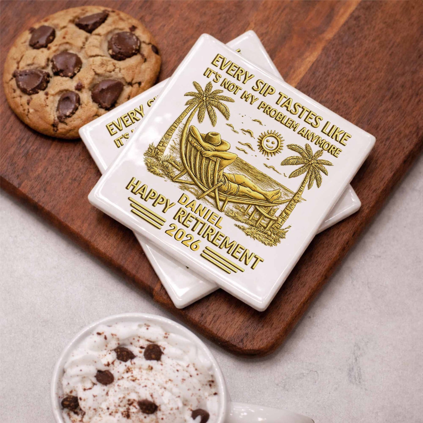 Every Sip Tastes Like Happy Retirement With Hammock And Palm Trees - Personalized Custom Ceramic Coaster, Square Shape - RETIRE026_SOCO