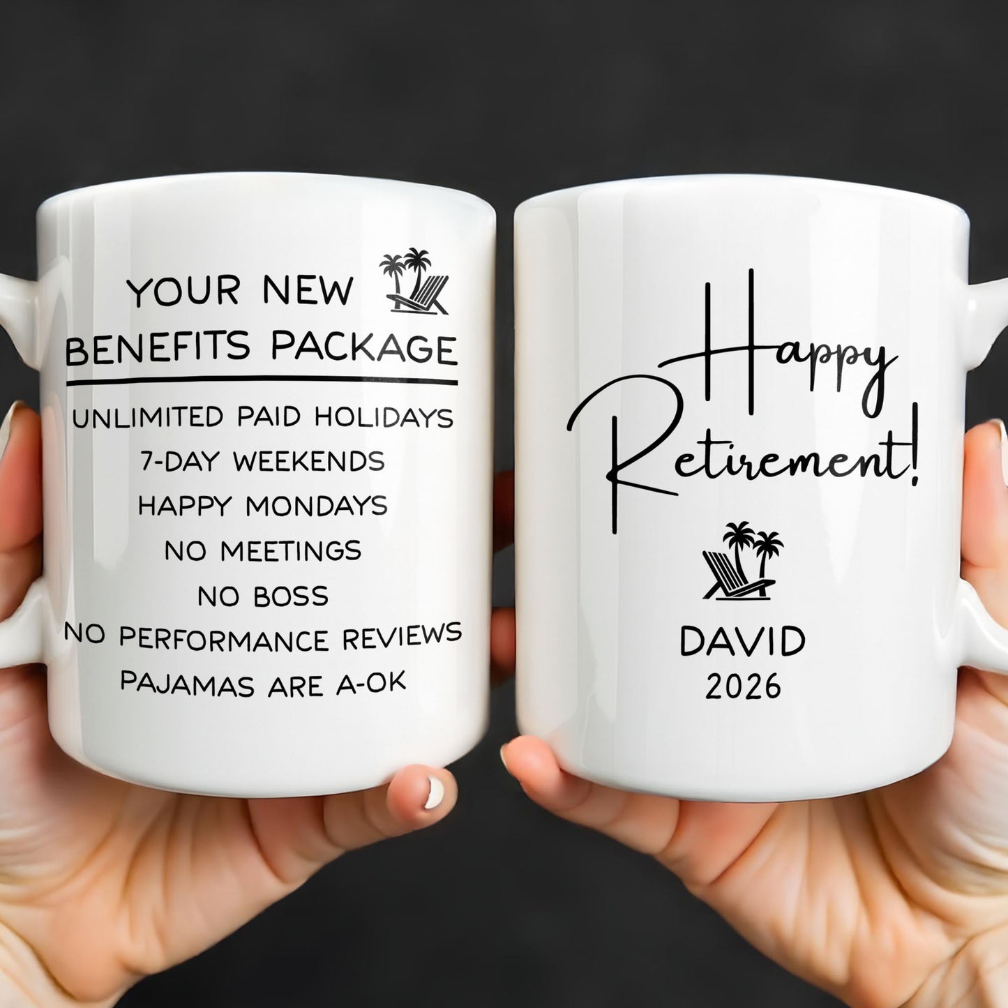 Happy Retirement Our New Benefits Package With Beach Chair And Palm Trees