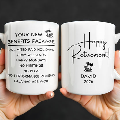 Happy Retirement Our New Benefits Package With Beach Chair And Palm Trees