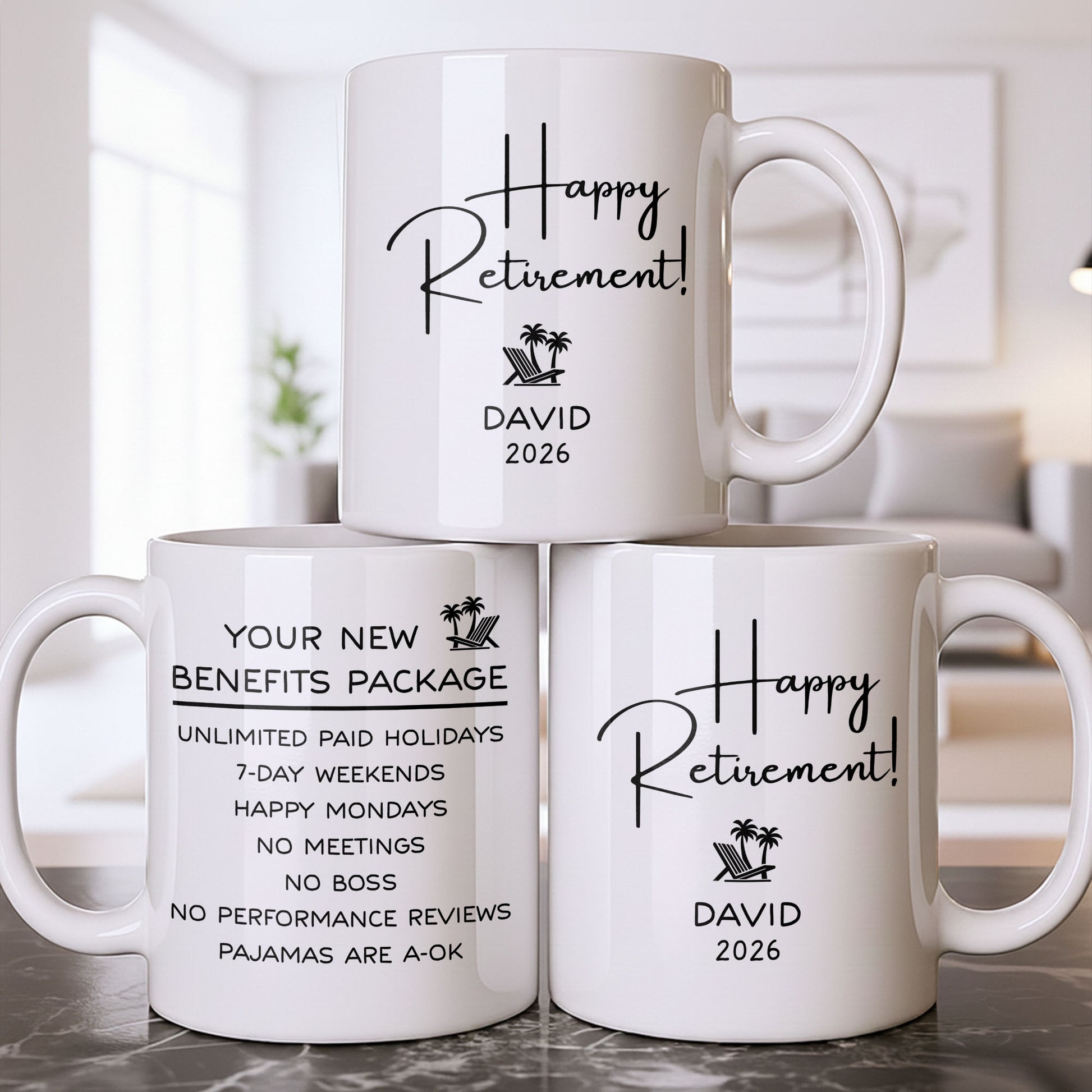 Happy Retirement Our New Benefits Package With Beach Chair And Palm Trees