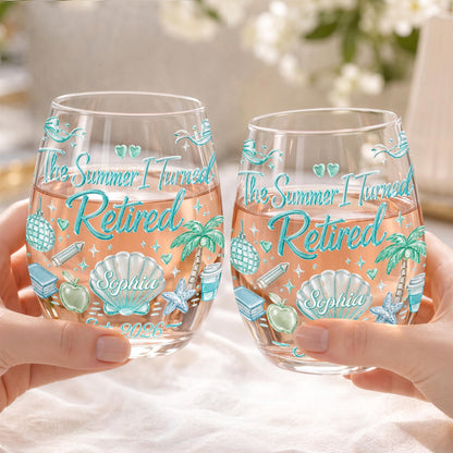 The Summer I Turned Retired Shell Palm Tree And School Objects - Personalized Stemless Wine Glass - RETIRE227_WIGL