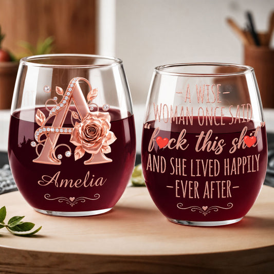 Personalized Initial And Floral Rose Gold Design With 3D Rose - Personalized Stemless Wine Glass - RETIRE234_WIGL