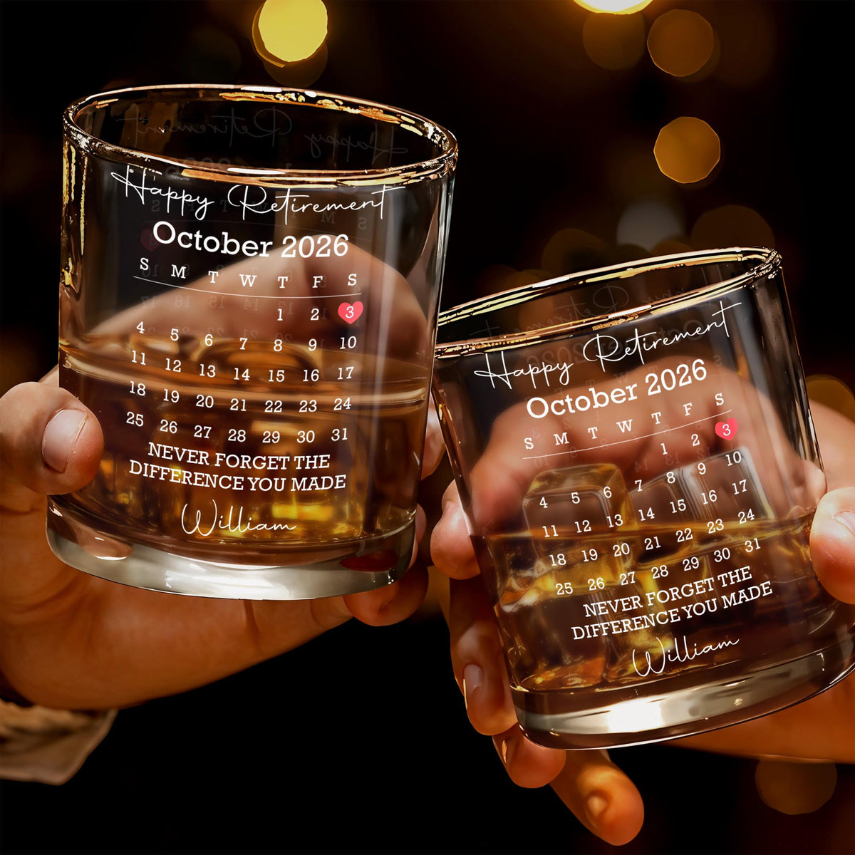 Happy Retirement Never Forget The Difference You Made Custom Calendar Heart - Personalized Custom Whiskey Glass - RETIRE249_RWG