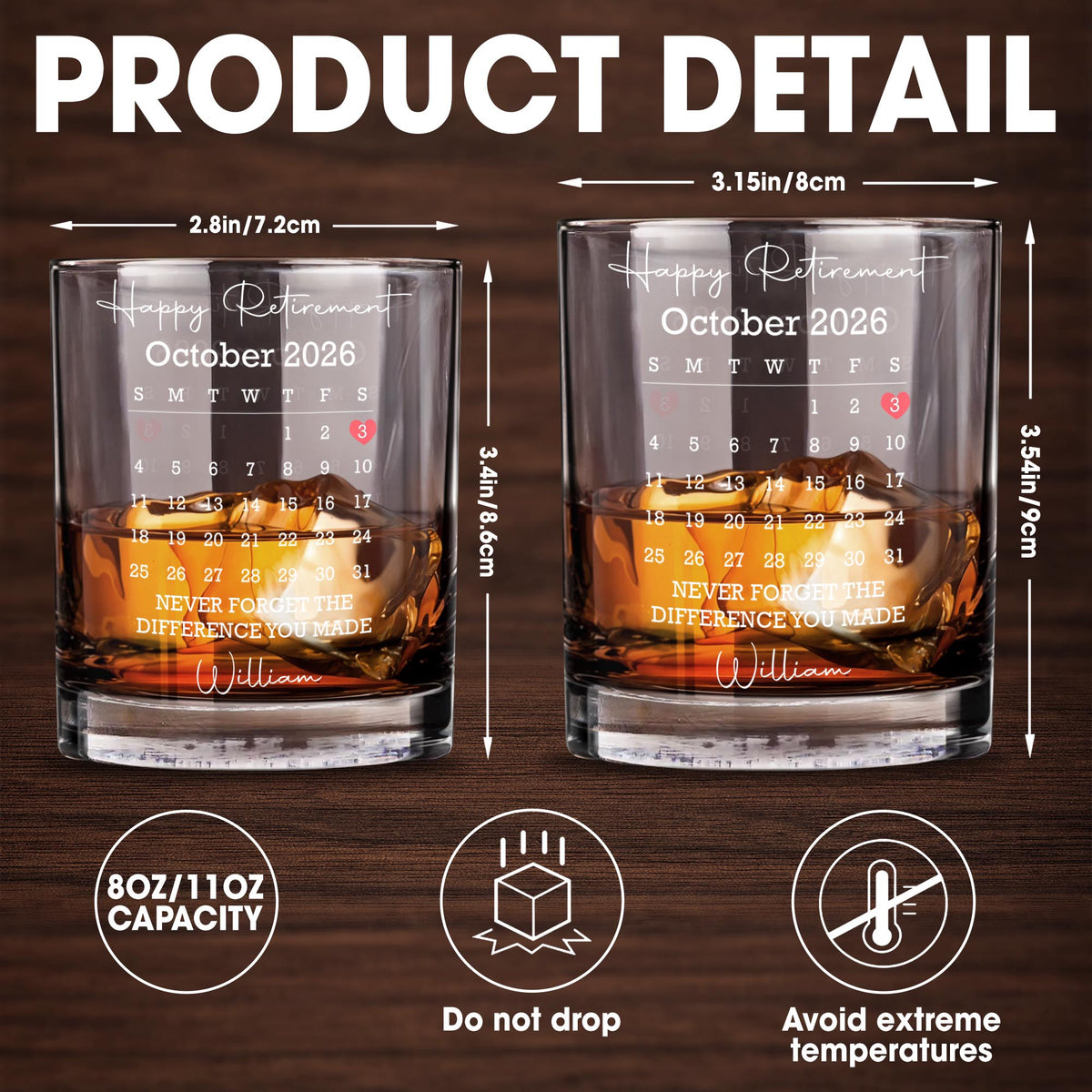 Happy Retirement Never Forget The Difference You Made Custom Calendar Heart - Personalized Custom Whiskey Glass - RETIRE249_RWG