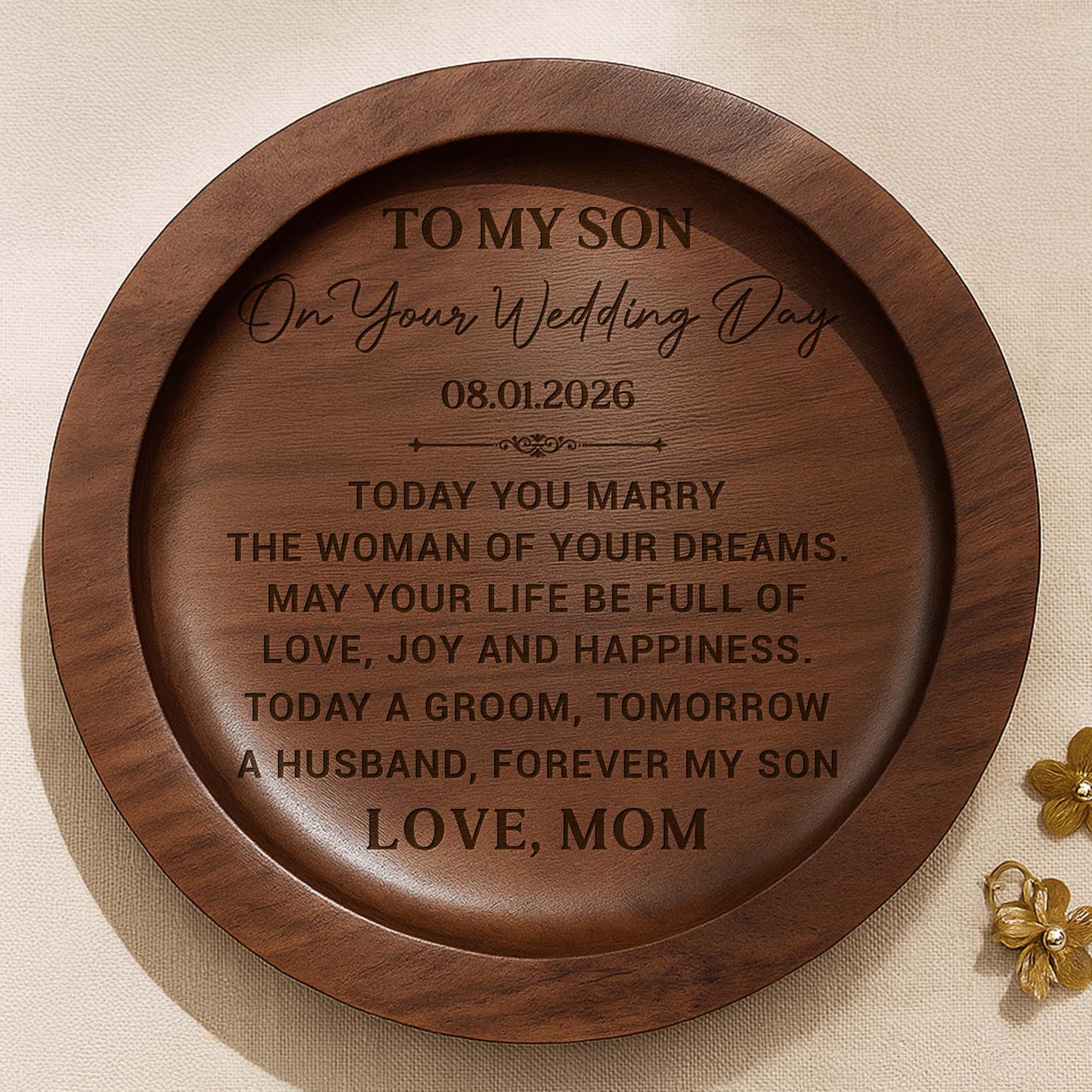 To My Son On Our Wedding Day Engraved Wood Groom Keepsake - Personalized Round Wood Ring Dish - SON152_RWOD