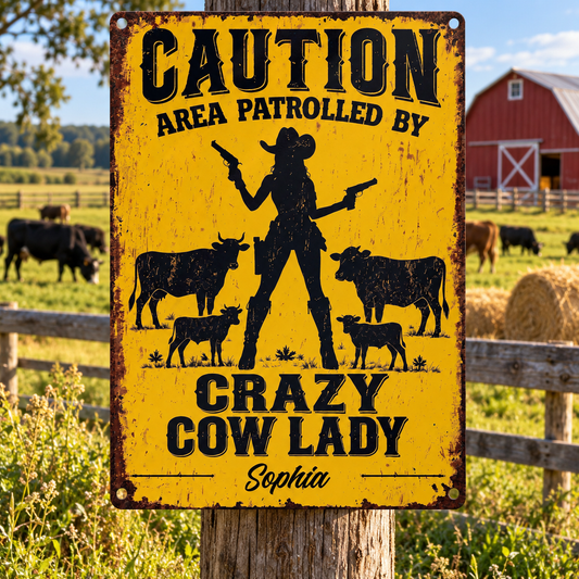 Caution Area Patrolled By Crazy Cow Lady With Cows And Cowgirl - Personalized Metal Sign - FARM205_MSIGN
