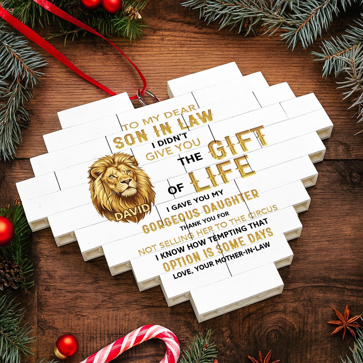 To My Dear Son In Law Give You The Gift Of Life Lion Building Blocks - Personalized Custom Heart Puzzle Ornament - SILA011_HBO