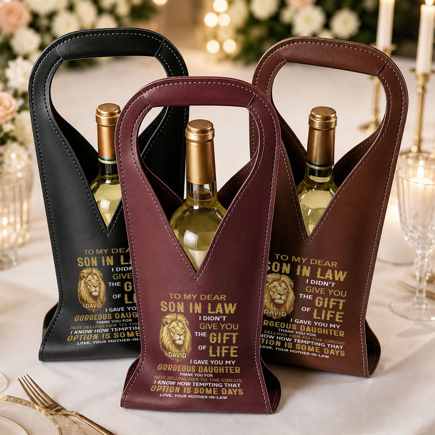 To My Dear Son In Law Gift Of Life Lion Design - Personalized Custom Leather Wine Bag - SILA011_LWIB
