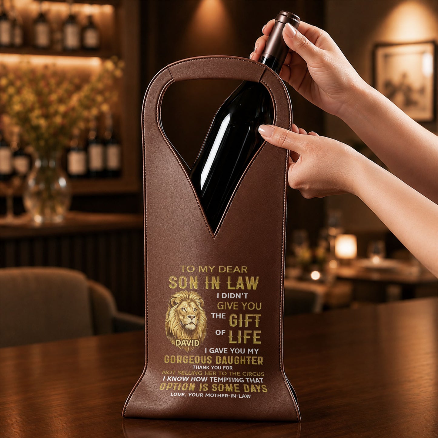 To My Dear Son In Law Gift Of Life Lion Design - Personalized Custom Leather Wine Bag - SILA011_LWIB