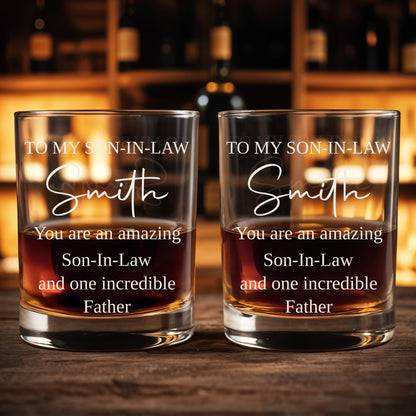 To My Son In Law You Are An Amazing Son In Law And Incredible Father - Personalized Custom Whiskey Glass - SILA101_RWG