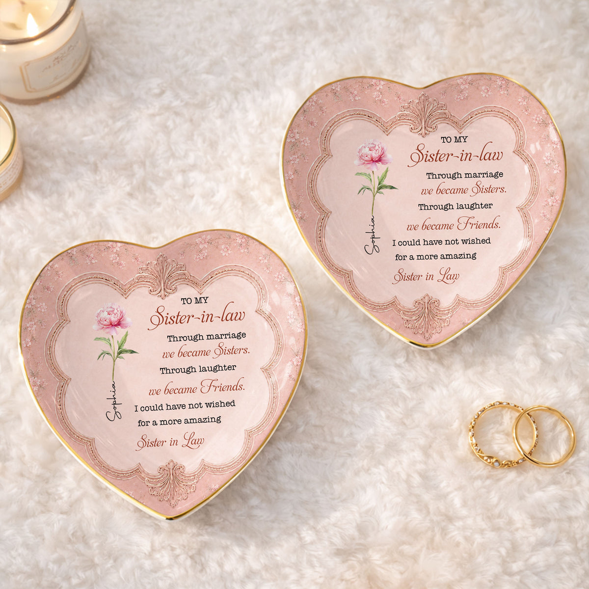 To My Sister In Law Through Marriage We Became Sisters Birth Flower - Personalized Custom Jewelry Dish, Ceramic Dish, Heart Shape - SILA119_HCRF