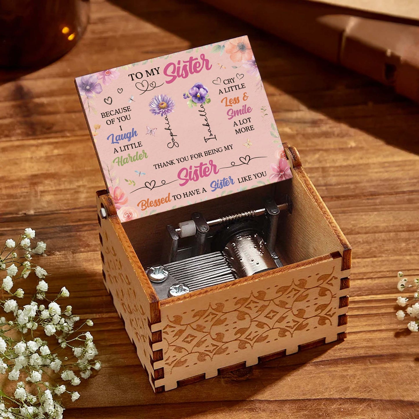 To My Sister, Flowers And Hearts Design