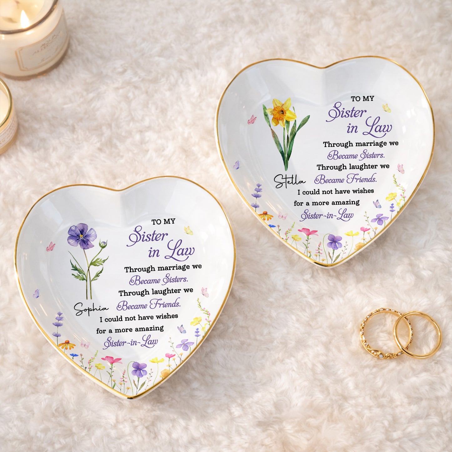 To My Sister In Law Through Marriage We Became Sisters Birth Month Flower - Personalized Custom Jewelry Dish, Ceramic Dish, Heart Shape - SIS062_HCRF
