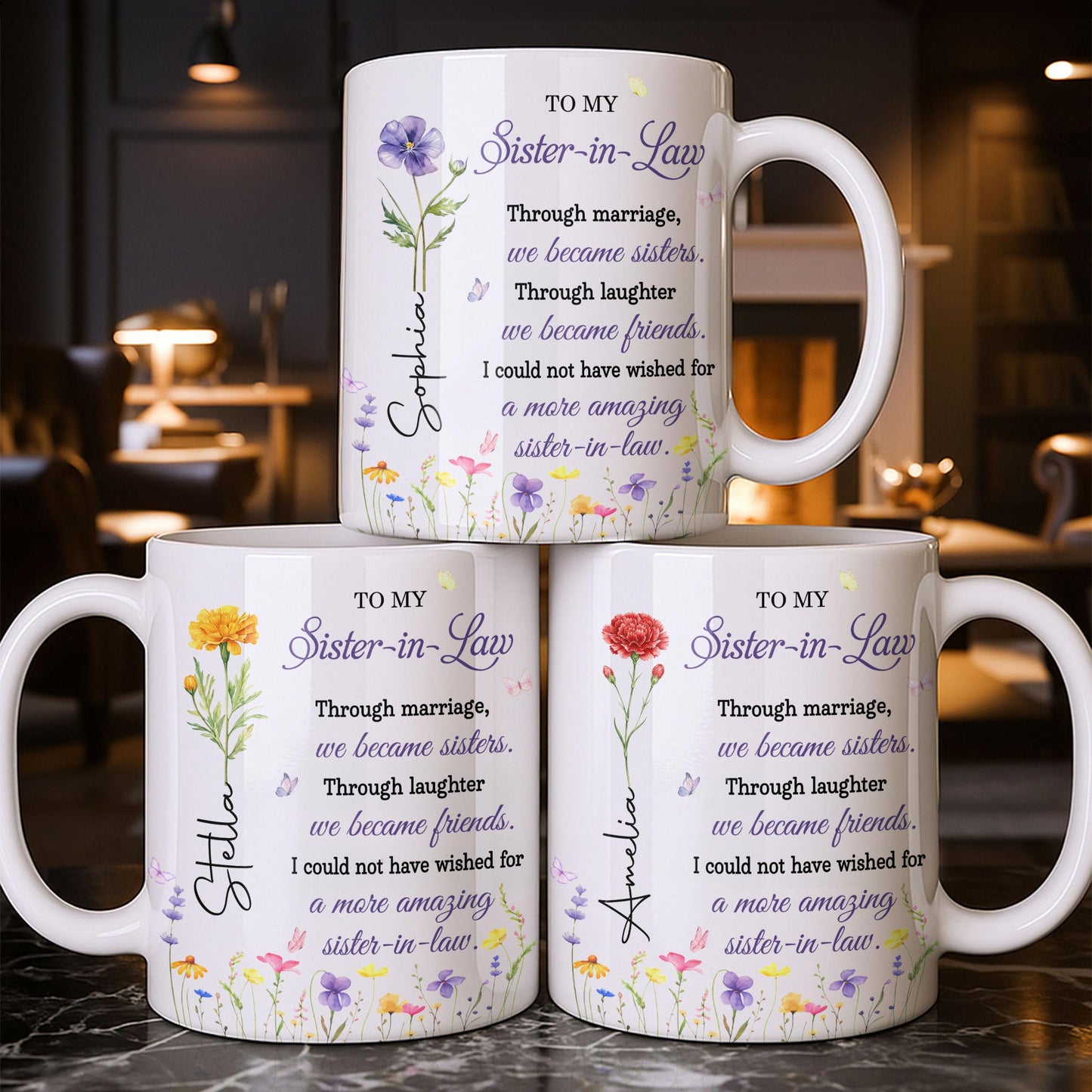 To My Sister In Law Through Marriage Purple Flower Butterflies - Personalized Custom Coffee Mug - SIS084_MG