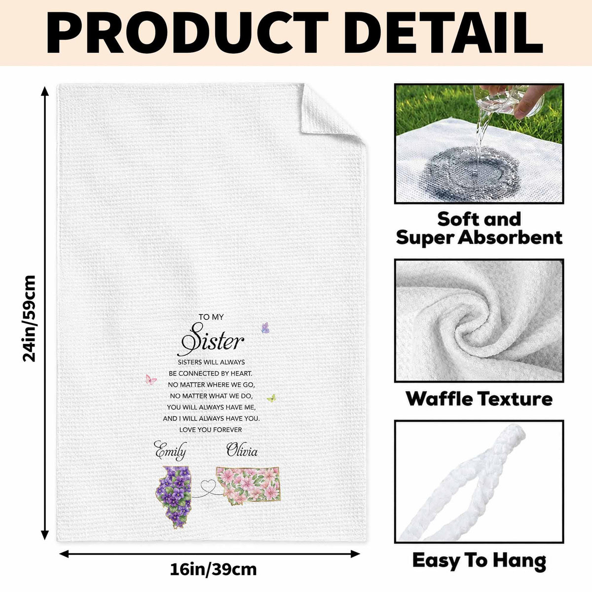 To My Sister Connected By Heart State Flowers Butterflies - Personalized Kitchen Towel - SIS106_TOWL