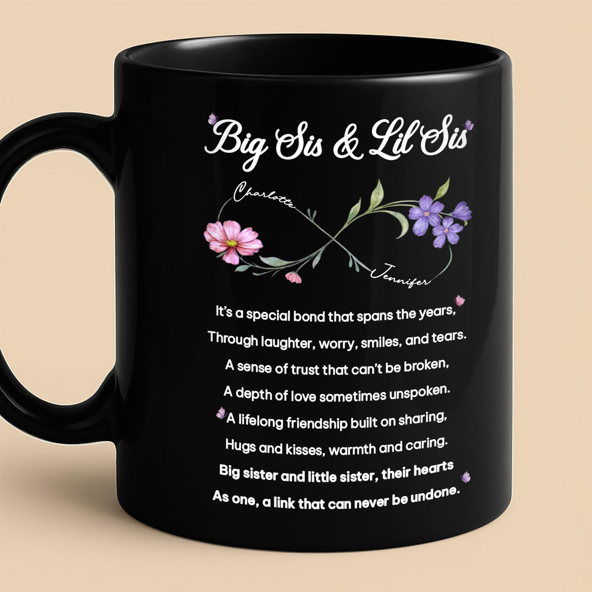 Big Sis and Lil Sis Bond Infinity Birth Month Flowers - Personalized Custom Black Mug - SIS112_BMUG