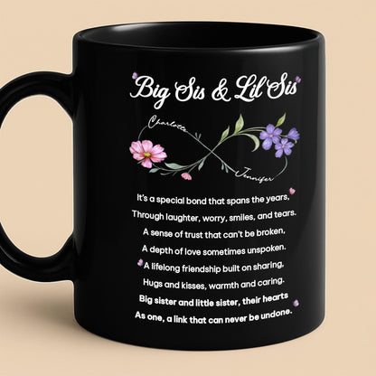 Big Sis and Lil Sis Bond Infinity Birth Month Flowers - Personalized Custom Black Mug - SIS112_BMUG
