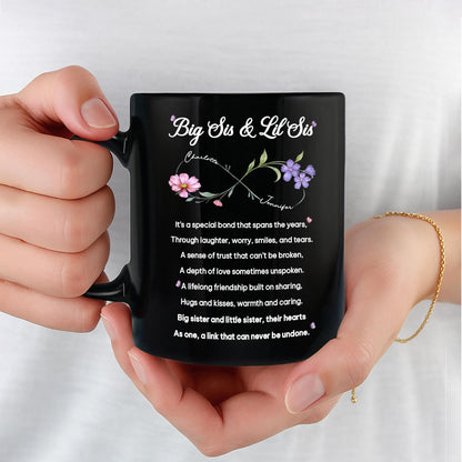 Big Sis and Lil Sis Bond Infinity Birth Month Flowers - Personalized Custom Black Mug - SIS112_BMUG