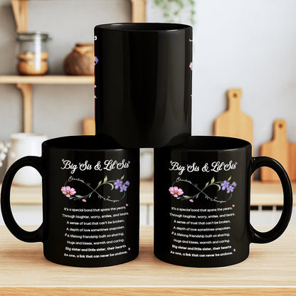 Big Sis and Lil Sis Bond Infinity Birth Month Flowers - Personalized Custom Black Mug - SIS112_BMUG