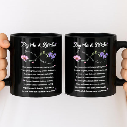 Big Sis and Lil Sis Bond Infinity Birth Month Flowers - Personalized Custom Black Mug - SIS112_BMUG