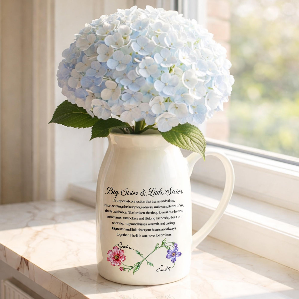 Big Sister & Little Sister Special Connection Birth Month Flowers - Personalized Ceramic Flower Vase - SIS215_CEV