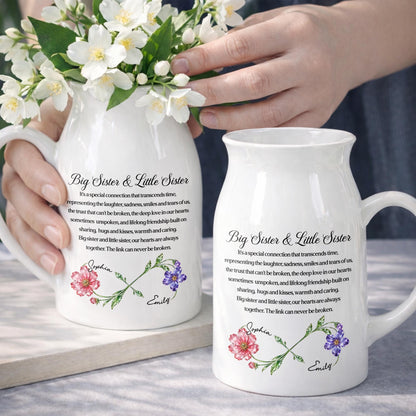 Big Sister & Little Sister Special Connection Birth Month Flowers - Personalized Ceramic Flower Vase - SIS215_CEV