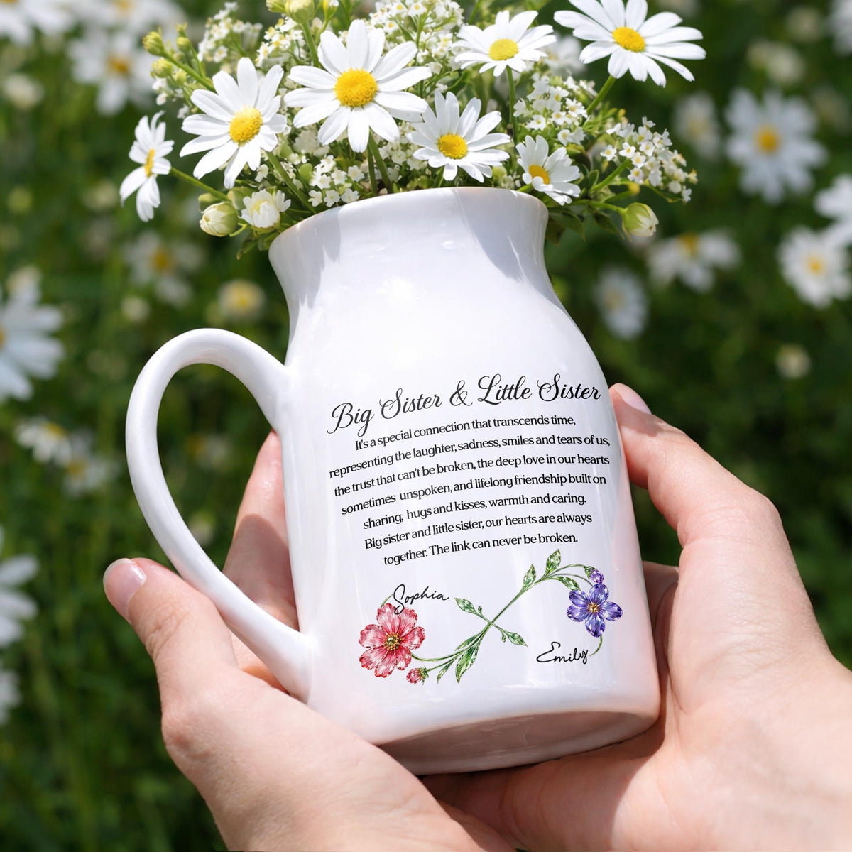 Big Sister & Little Sister Special Connection Birth Month Flowers - Personalized Ceramic Flower Vase - SIS215_CEV