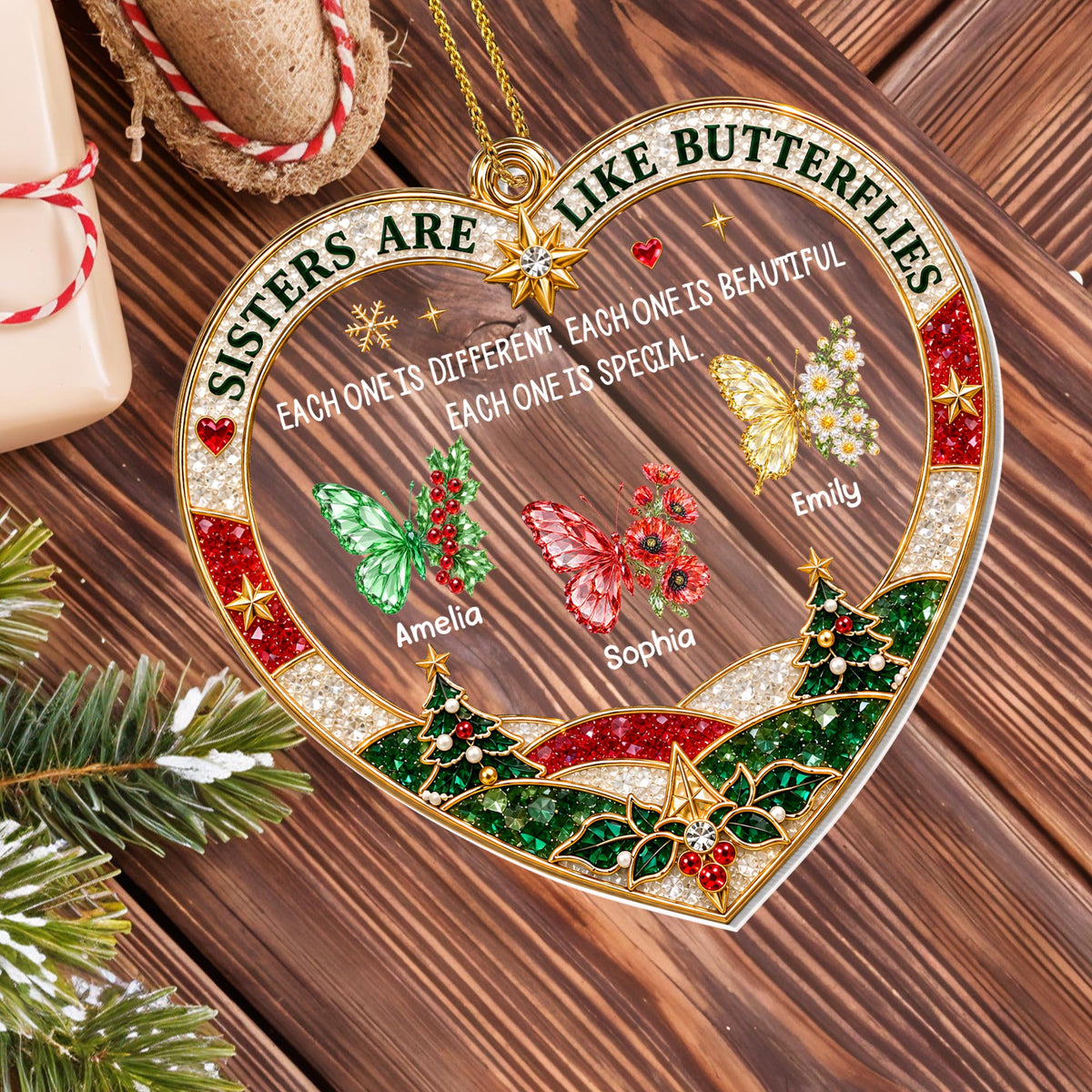 Sisters Are Like Butterflies With Birth Month Flowers Heart Shape - Personalized Custom Acrylic Ornament, Christmas Gift - SIS218_ACO