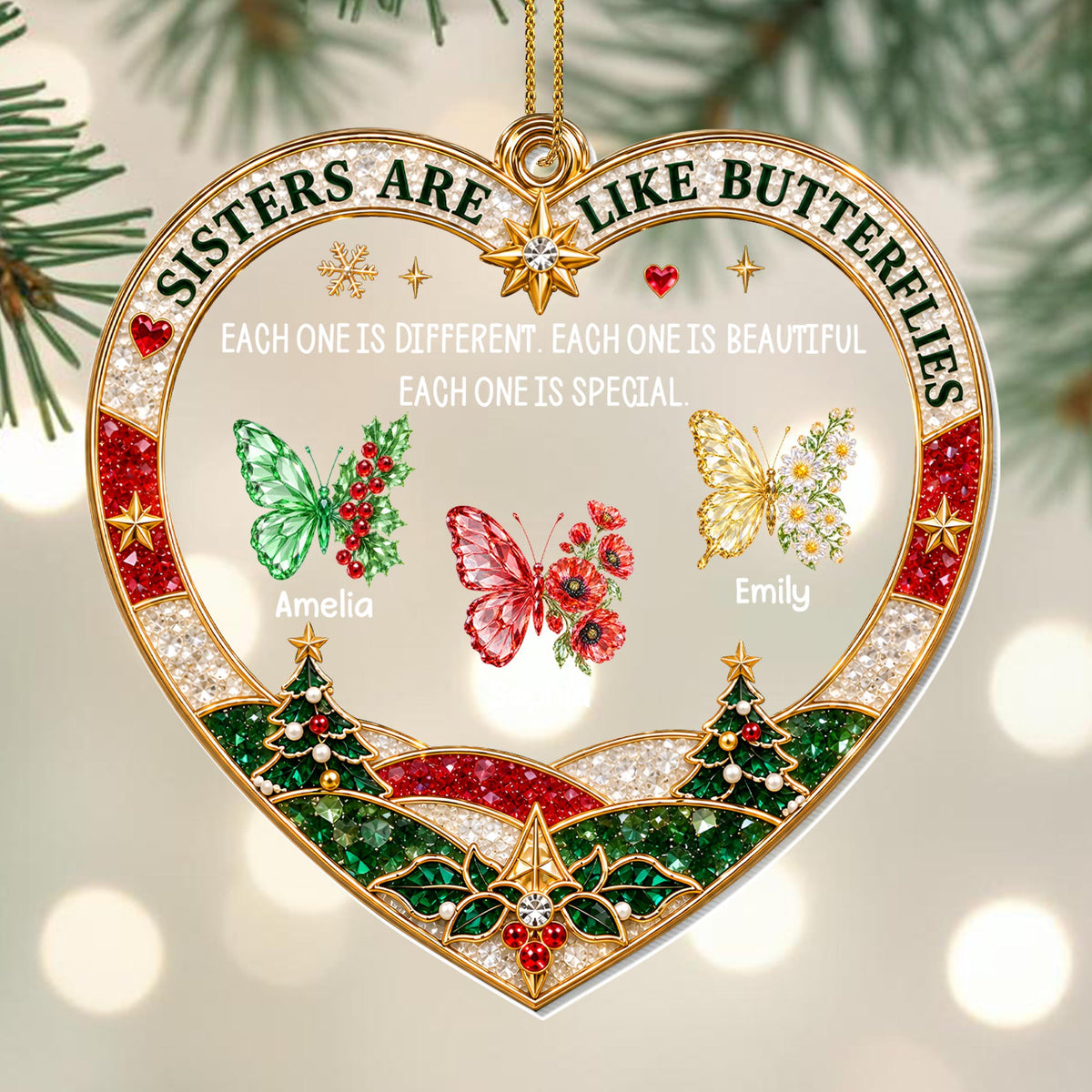Sisters Are Like Butterflies With Birth Month Flowers Heart Shape - Personalized Custom Acrylic Ornament, Christmas Gift - SIS218_ACO
