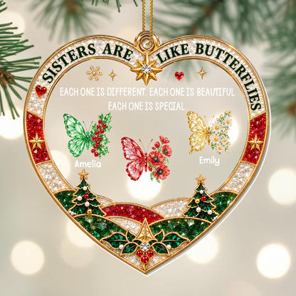 Sisters Are Like Butterflies With Birth Month Flowers Heart Shape - Personalized Custom Acrylic Ornament, Christmas Gift - SIS218_ACO