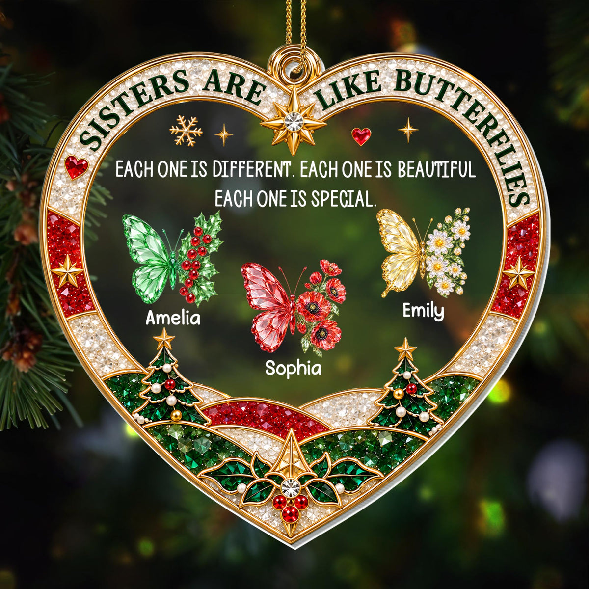 Sisters Are Like Butterflies With Birth Month Flowers Heart Shape - Personalized Custom Acrylic Ornament, Christmas Gift - SIS218_ACO