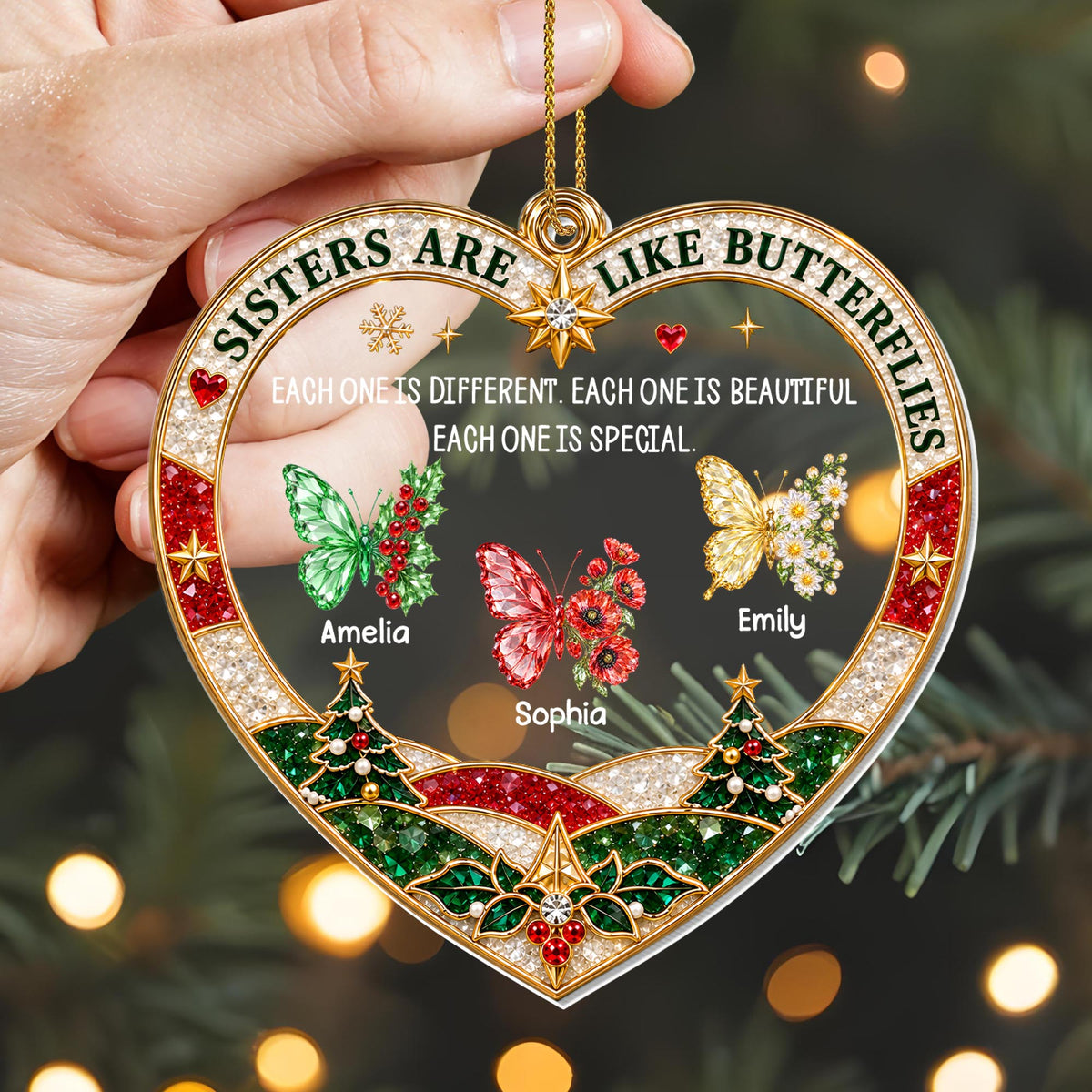 Sisters Are Like Butterflies With Birth Month Flowers Heart Shape - Personalized Custom Acrylic Ornament, Christmas Gift - SIS218_ACO