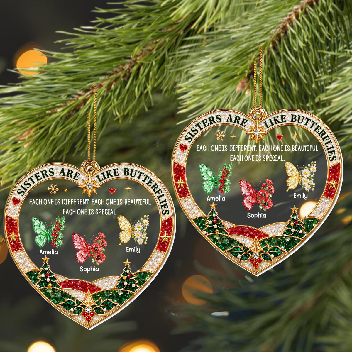 Sisters Are Like Butterflies With Birth Month Flowers Heart Shape - Personalized Custom Acrylic Ornament, Christmas Gift - SIS218_ACO