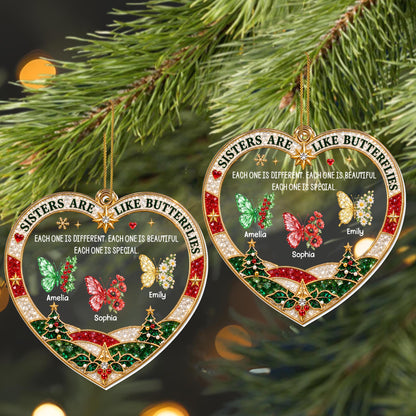 Sisters Are Like Butterflies With Birth Month Flowers Heart Shape - Personalized Custom Acrylic Ornament, Christmas Gift - SIS218_ACO