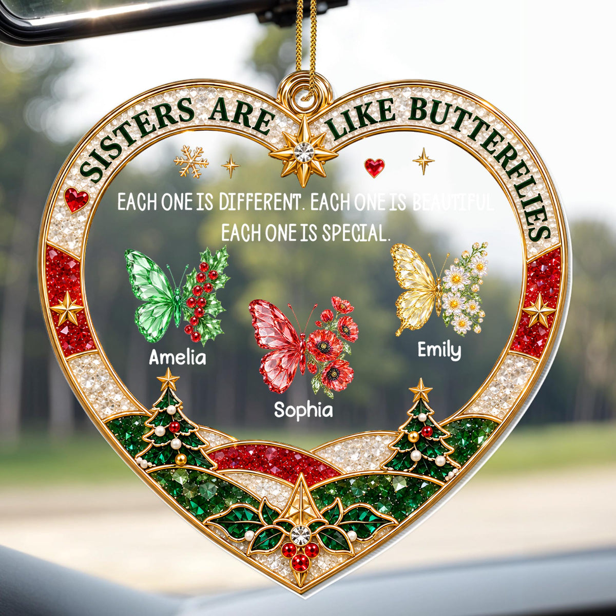 Sisters Are Like Butterflies With Birth Month Flowers Heart Shape - Personalized Custom Acrylic Ornament, Christmas Gift - SIS218_ACO