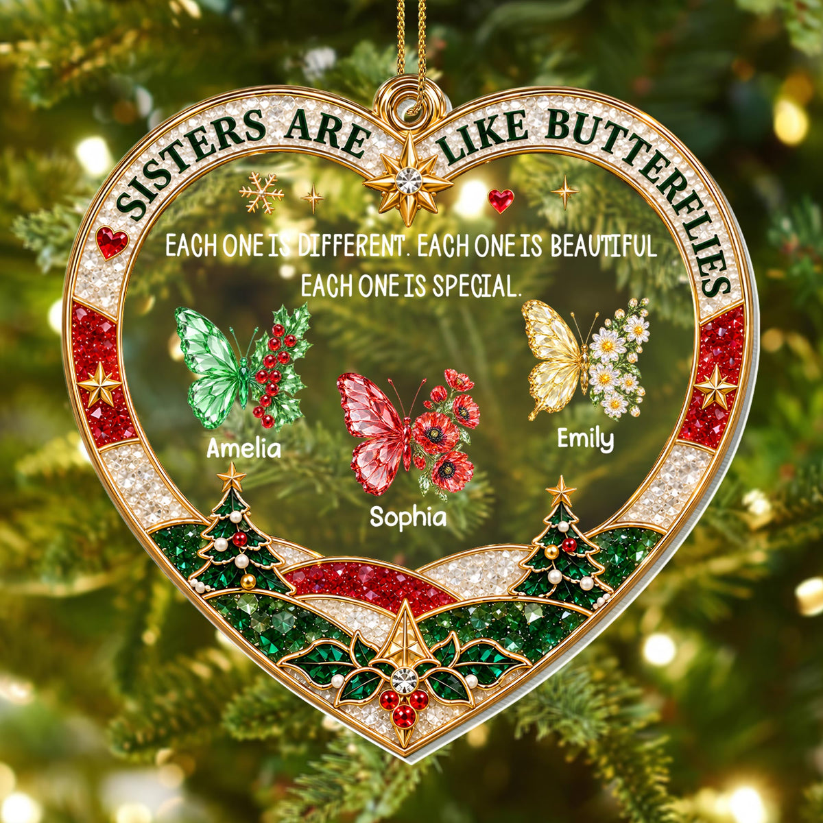 Sisters Are Like Butterflies With Birth Month Flowers Heart Shape - Personalized Custom Acrylic Ornament, Christmas Gift - SIS218_ACO