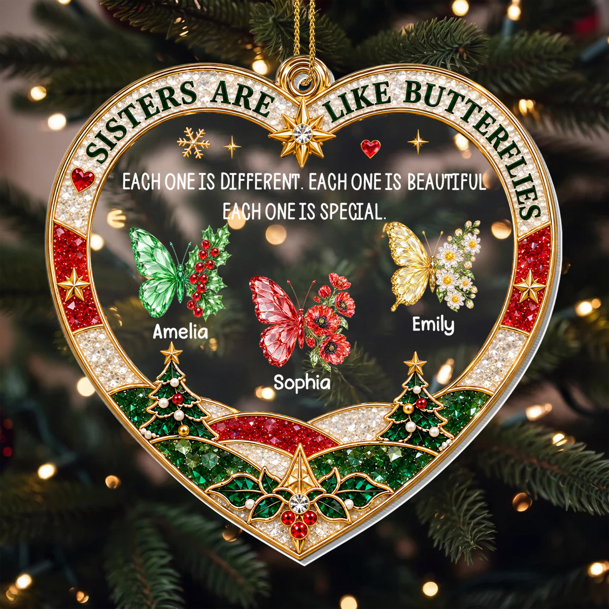 Sisters Are Like Butterflies With Birth Month Flowers Heart Shape - Personalized Custom Acrylic Ornament, Christmas Gift - SIS218_ACO