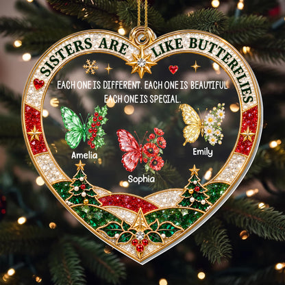 Sisters Are Like Butterflies With Birth Month Flowers Heart Shape - Personalized Custom Acrylic Ornament, Christmas Gift - SIS218_ACO