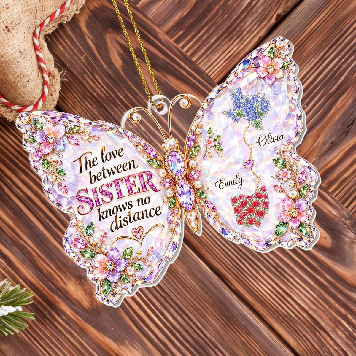 The Love Between Sisters Has No Distance Butterfly With Flowers And States - Personalized Custom Acrylic Ornament, Christmas Gift - SIS242_ACO
