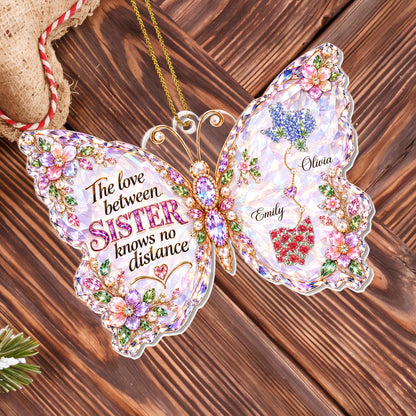The Love Between Sisters Has No Distance Butterfly With Flowers And States - Personalized Custom Acrylic Ornament, Christmas Gift - SIS242_ACO
