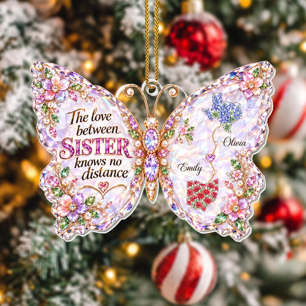 The Love Between Sisters Has No Distance Butterfly With Flowers And States - Personalized Custom Acrylic Ornament, Christmas Gift - SIS242_ACO
