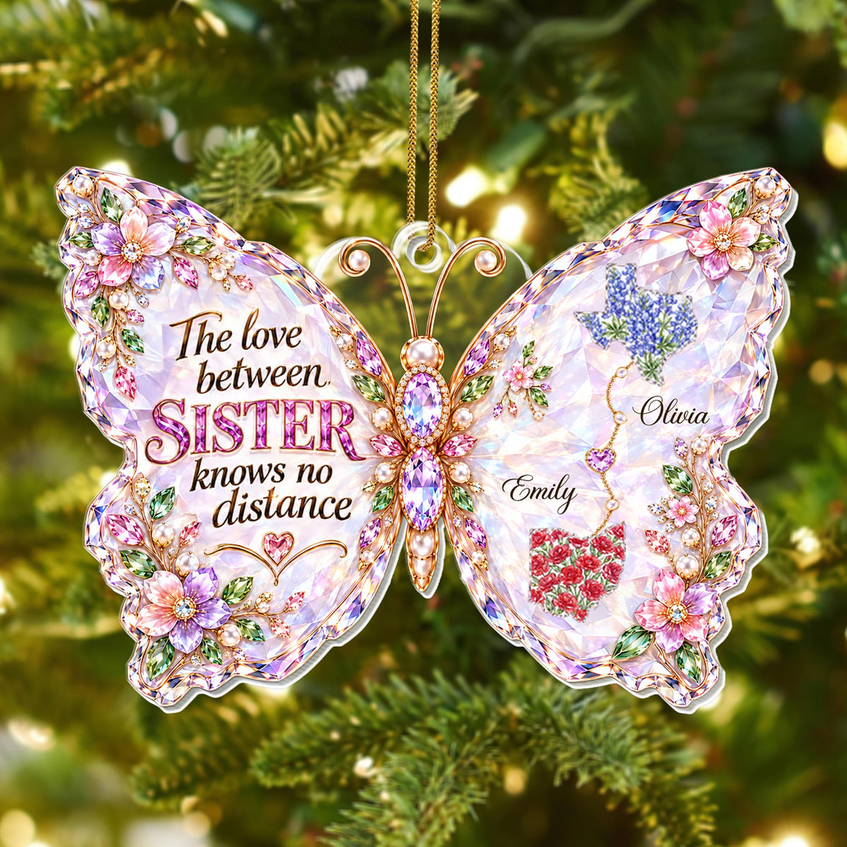 The Love Between Sisters Has No Distance Butterfly With Flowers And States - Personalized Custom Acrylic Ornament, Christmas Gift - SIS242_ACO