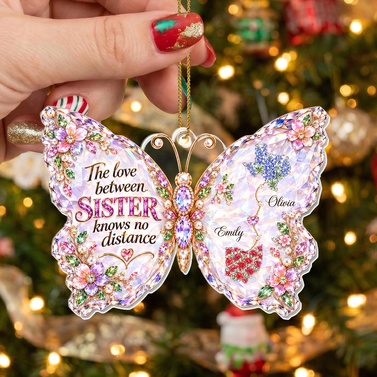 The Love Between Sisters Has No Distance Butterfly With Flowers And States - Personalized Custom Acrylic Ornament, Christmas Gift - SIS242_ACO