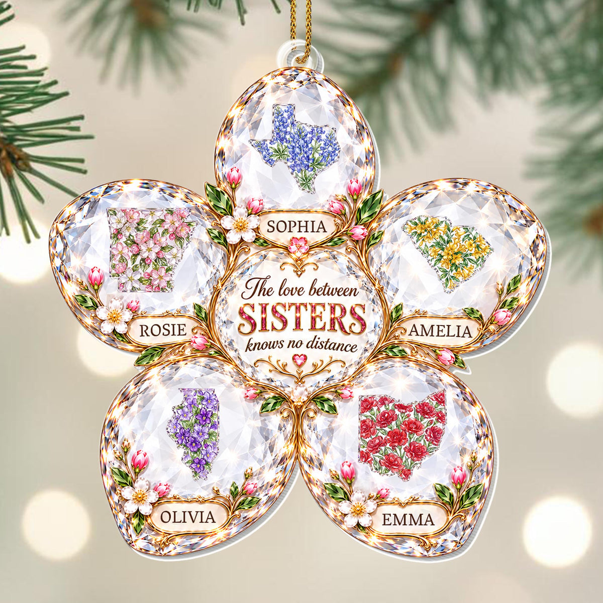 The Love Between Sisters Knows No Distance Floral State Maps - Personalized Custom Acrylic Ornament, Christmas Gift - SIS246_ACO